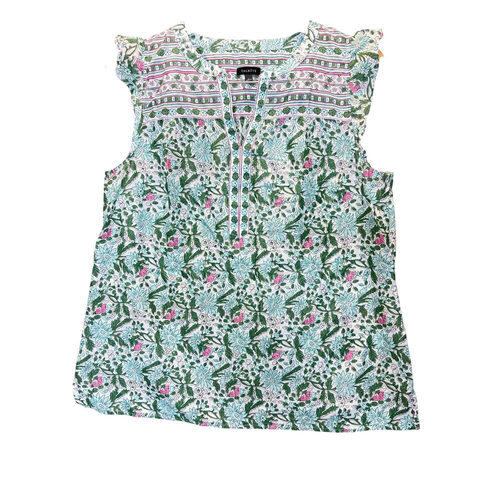 Talbots Large Cotton Floral Print Blouse Ruffle Sleeve Split Neck Top